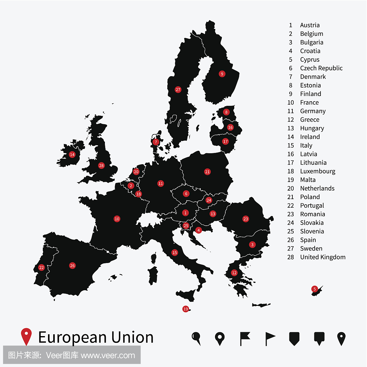 欧洲联盟的高详细矢量地图导航引脚。