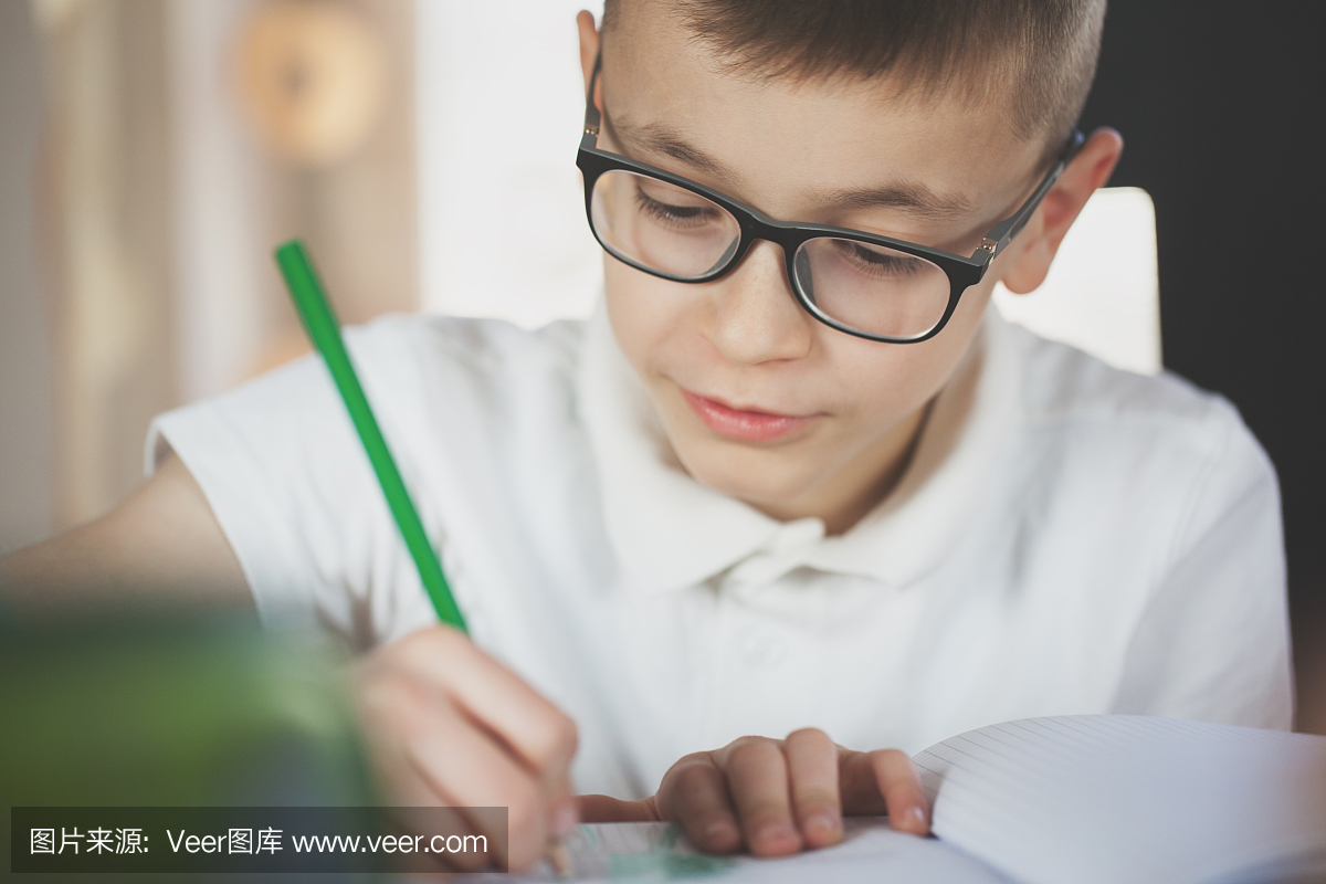 美丽的小学生在家做家庭作业