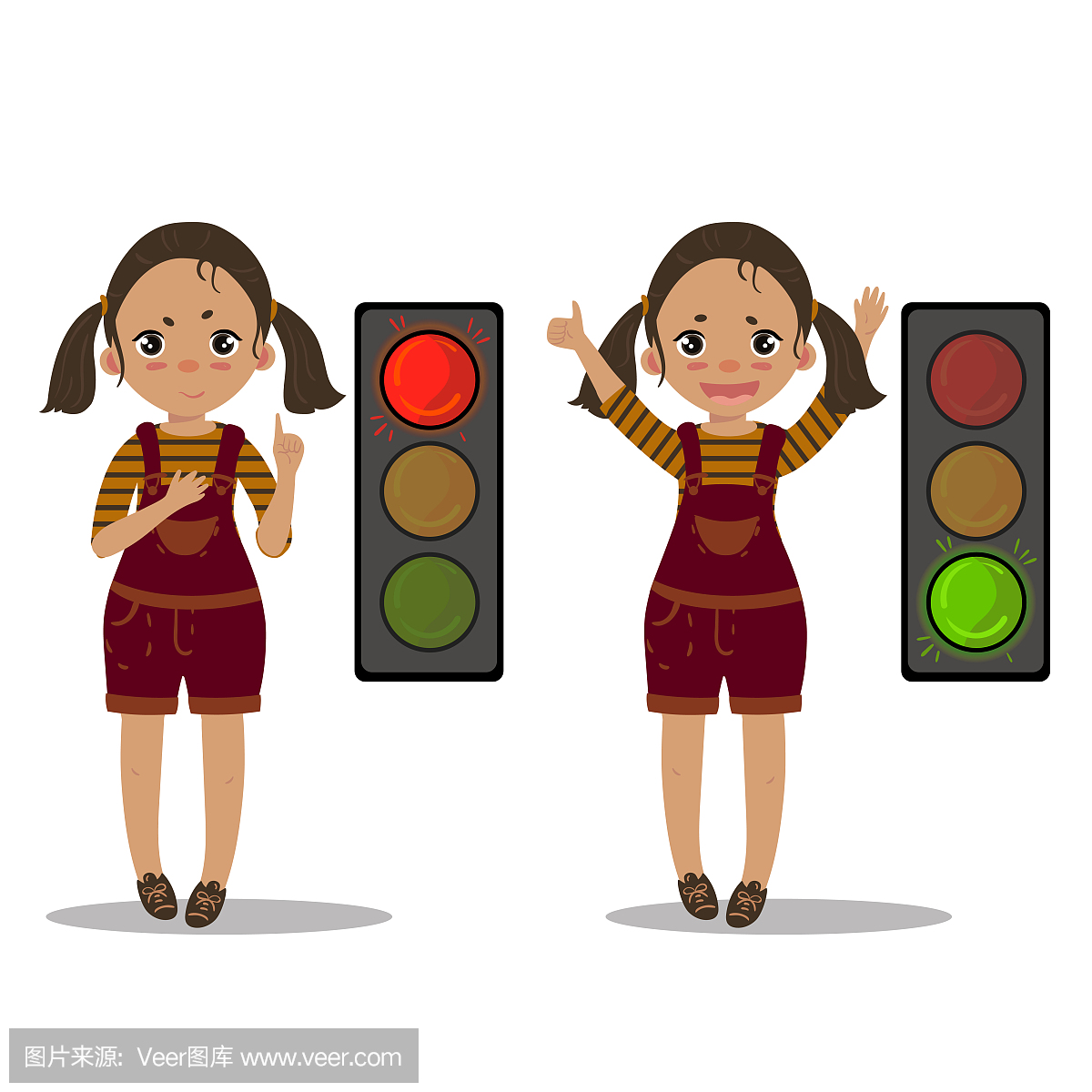 Girl explain pedestrian traffic light. Green red