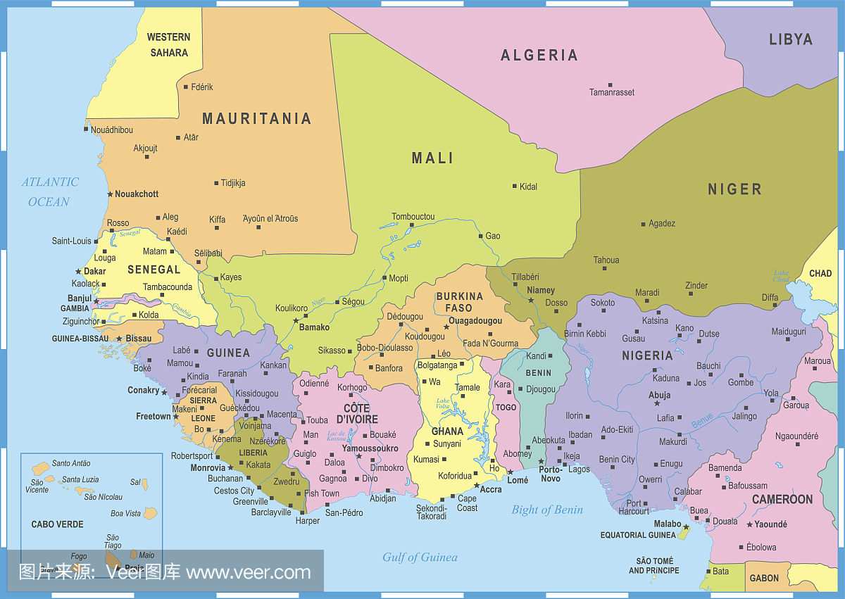 西非地图 - 矢量插图
