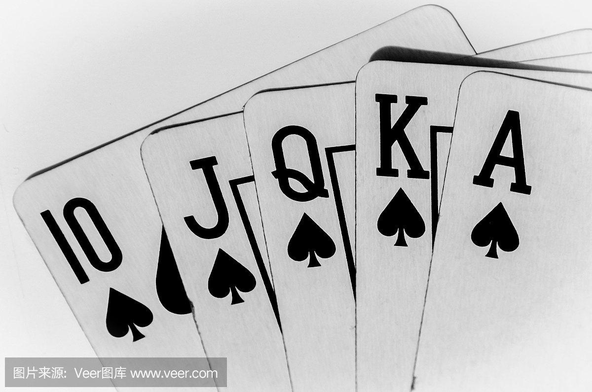 皇家同花顺,扑克牌,黑桃,孤立在白色,