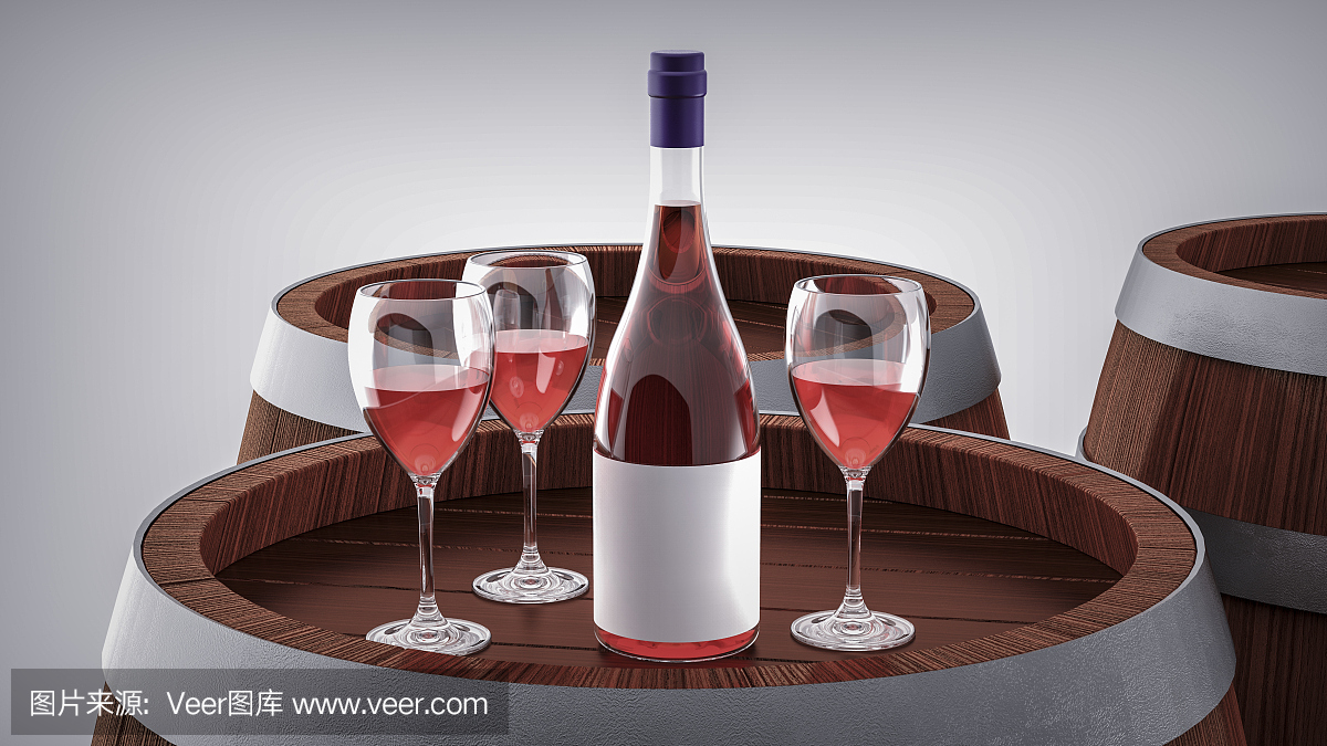 葡萄酒瓶和葡萄酒杯在wodden桶。