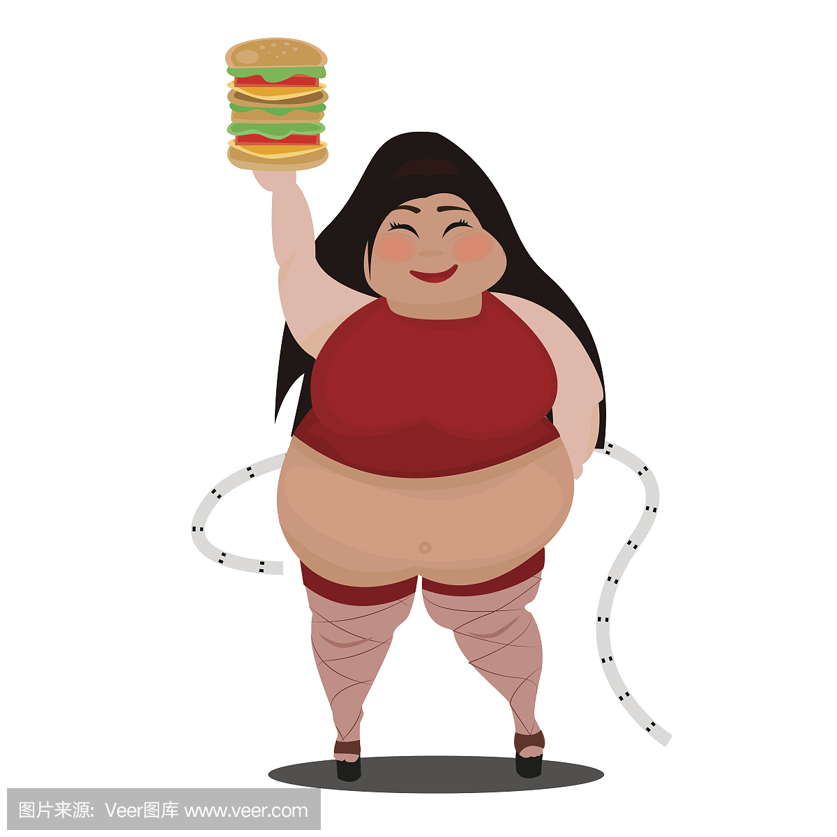 卡通胖女人抱着一个大汉堡