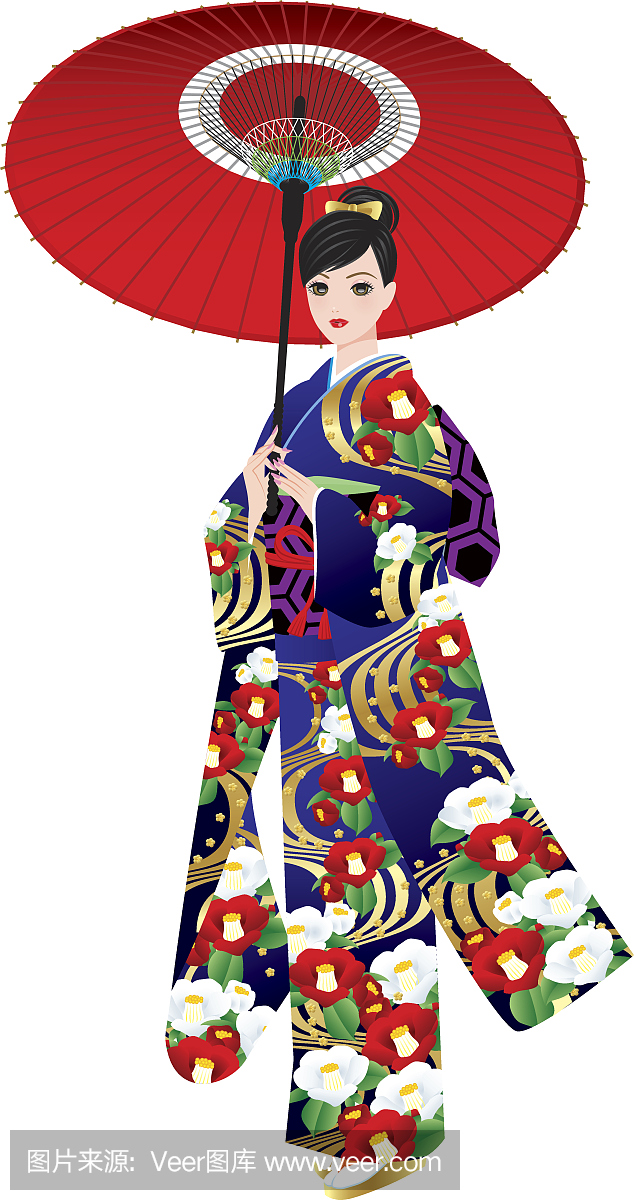 和服图案的山茶花日本女性。礼服。日本伞。