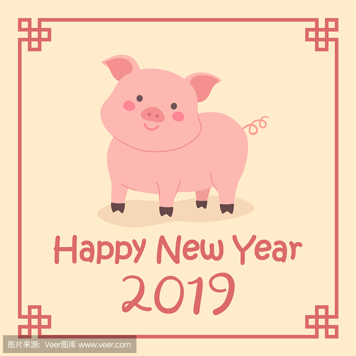 中国新年2019年可爱猪十二生肖矢量表情贺卡字无卡通包花栗鼠图片