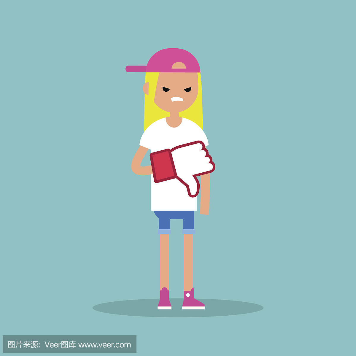 不喜欢的概念不满的白肤金发的少女戴着泡沫手