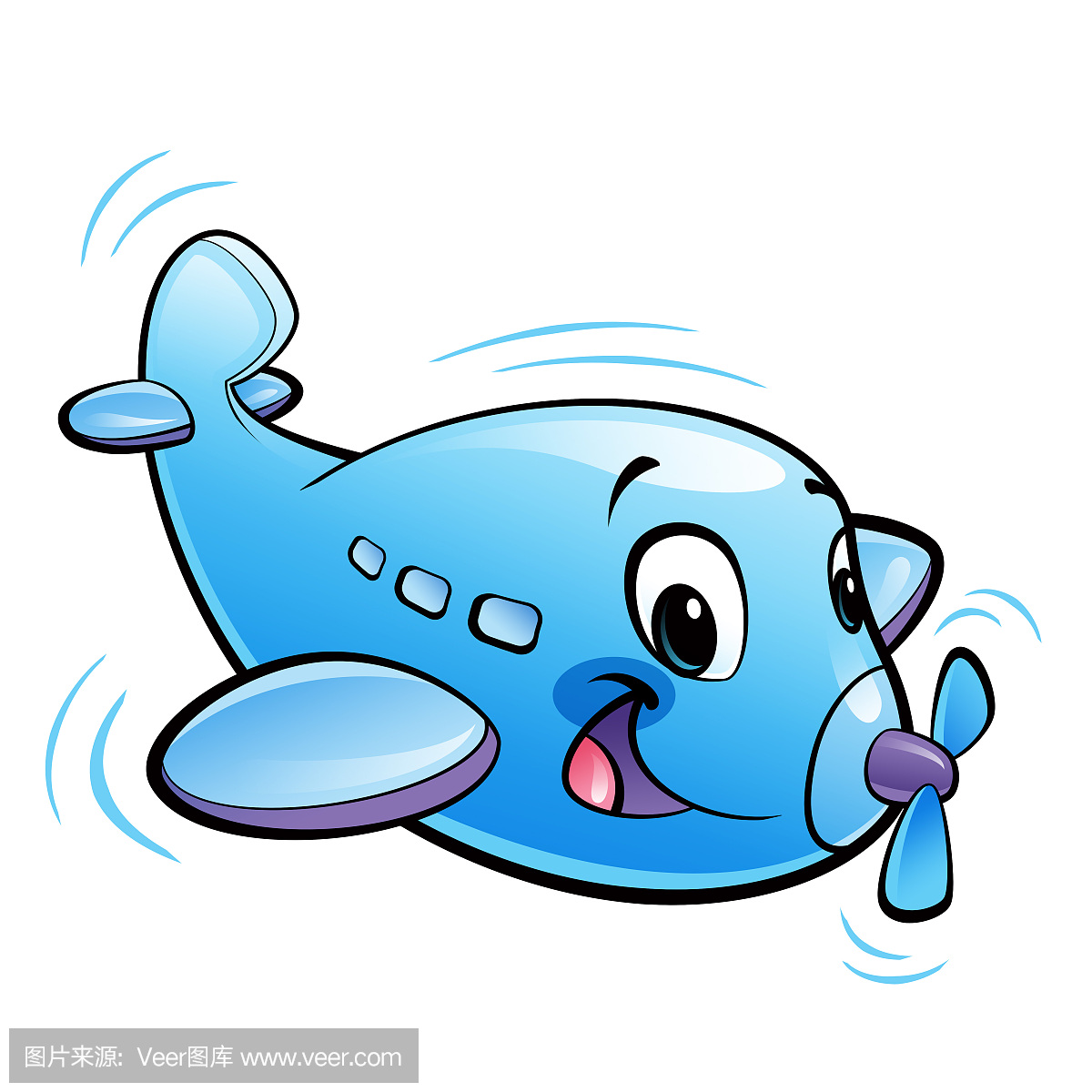 婴儿可爱卡通蓝色飞机角色与螺旋桨飞行微笑