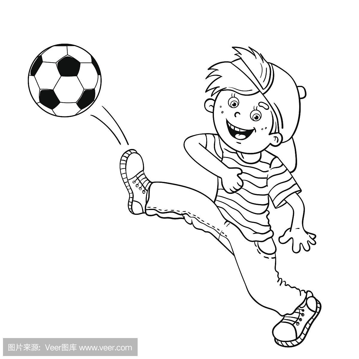 一个男孩踢足球的着色页大纲