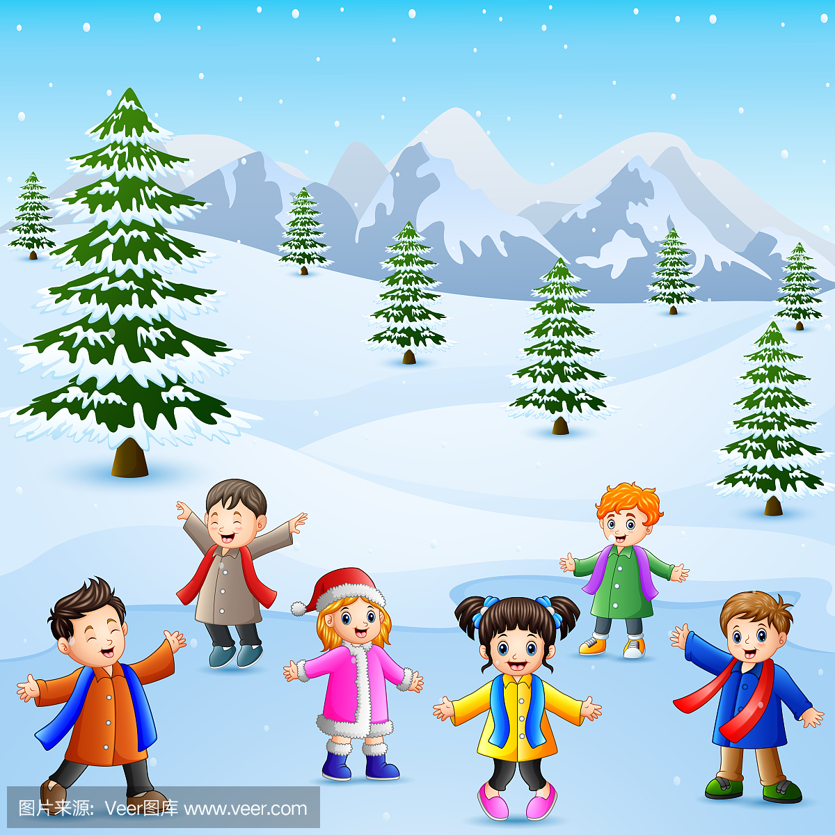 卡通小孩在雪地里玩