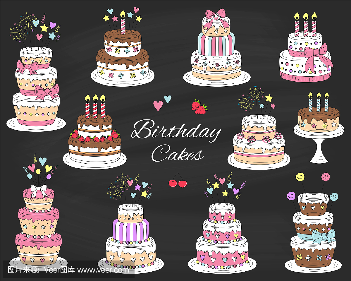 生日蛋糕设置,矢量手绘多彩涂鸦插图