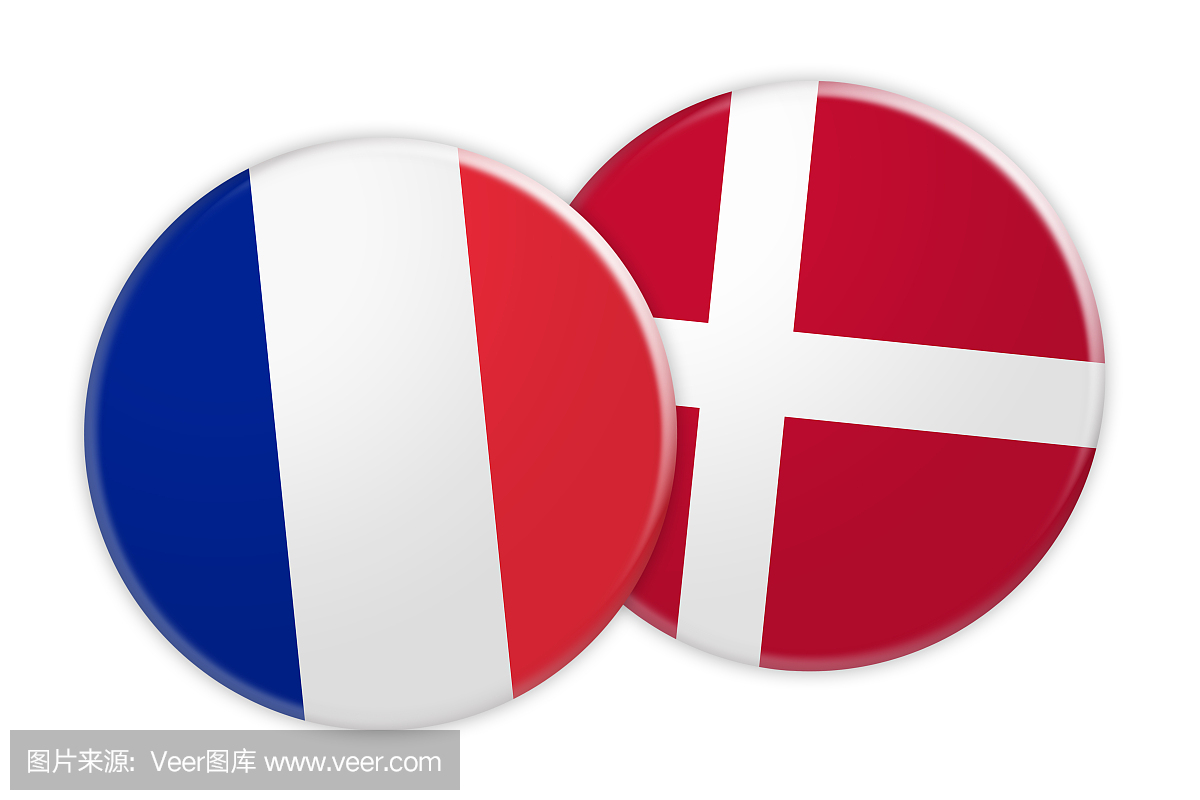 新闻概念:法国国旗按钮在丹麦国旗按钮,在白色