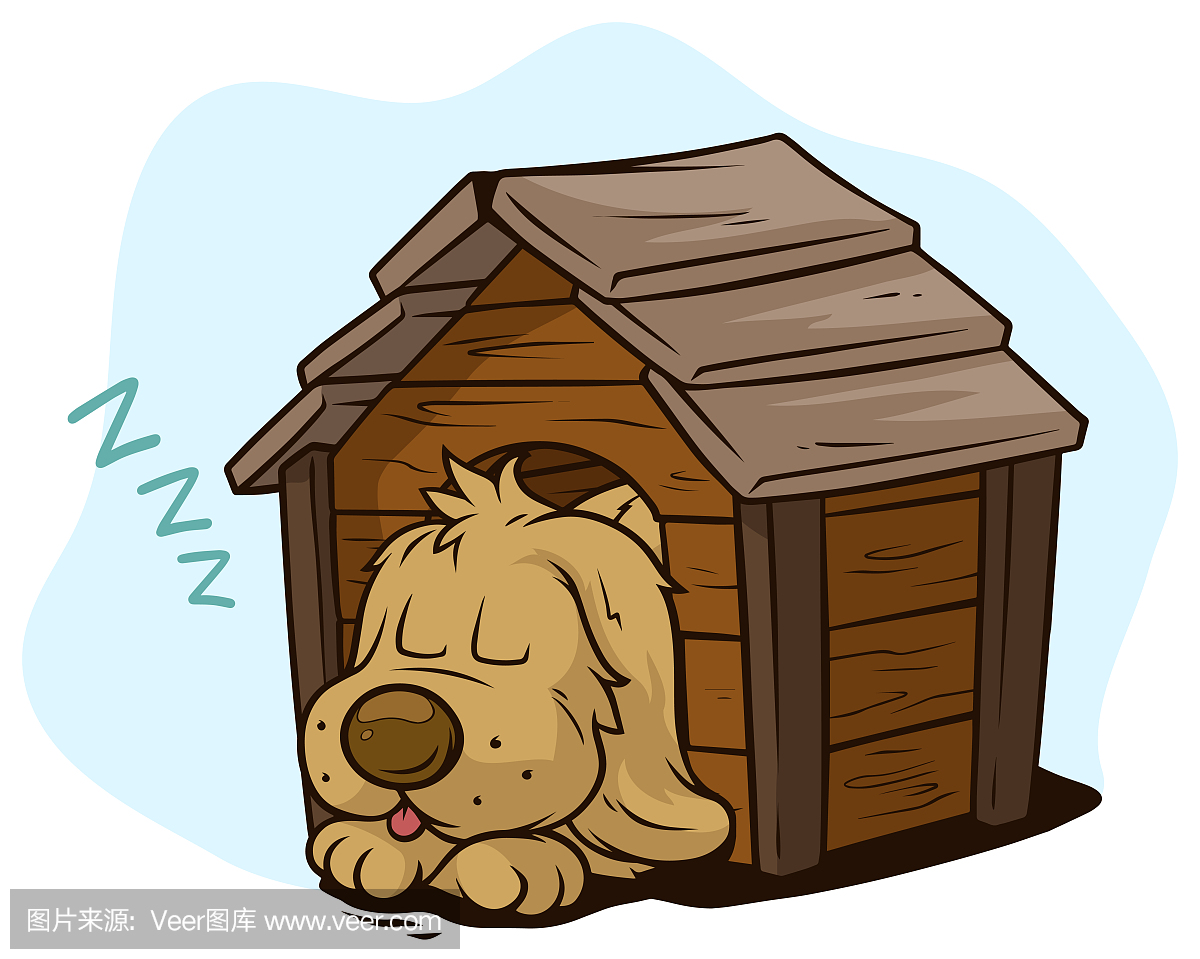卡通可爱睡觉的狗在木制狗窝