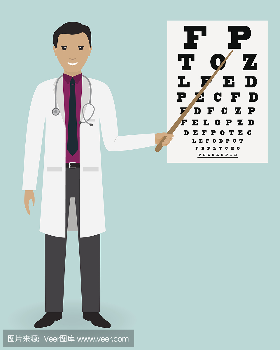 医生ophtalmologist指向视力测试表。医院职员