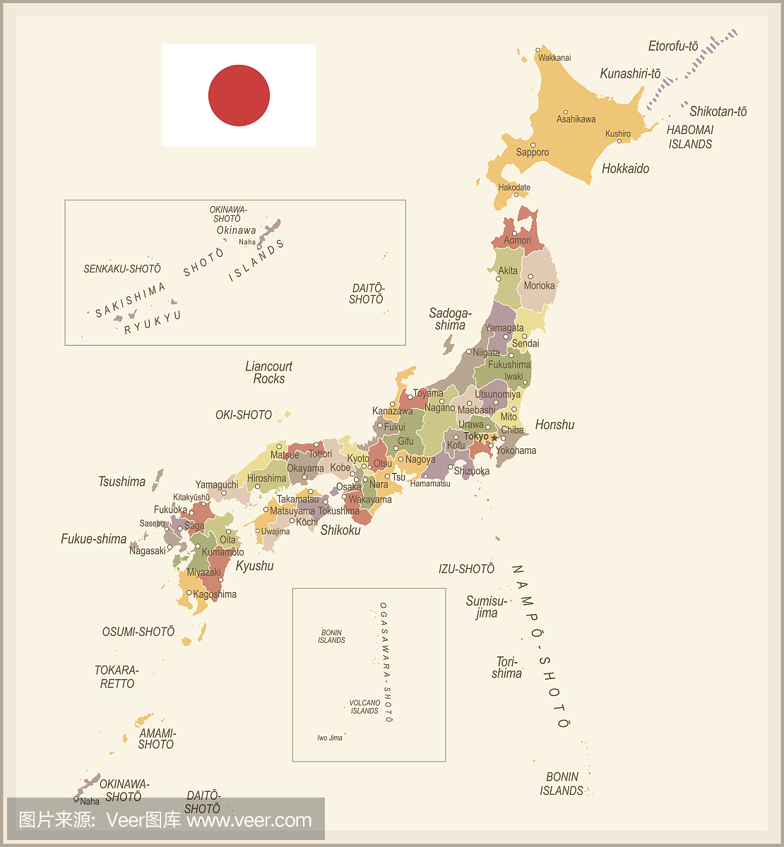 日本 - 复古地图和国旗 - 插图