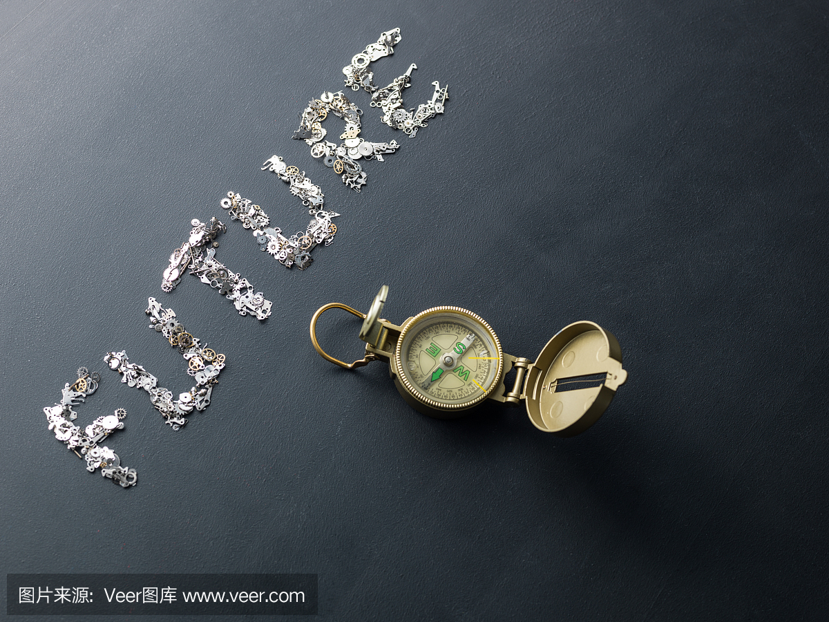 在有钟表机构的黑板写的文本未来