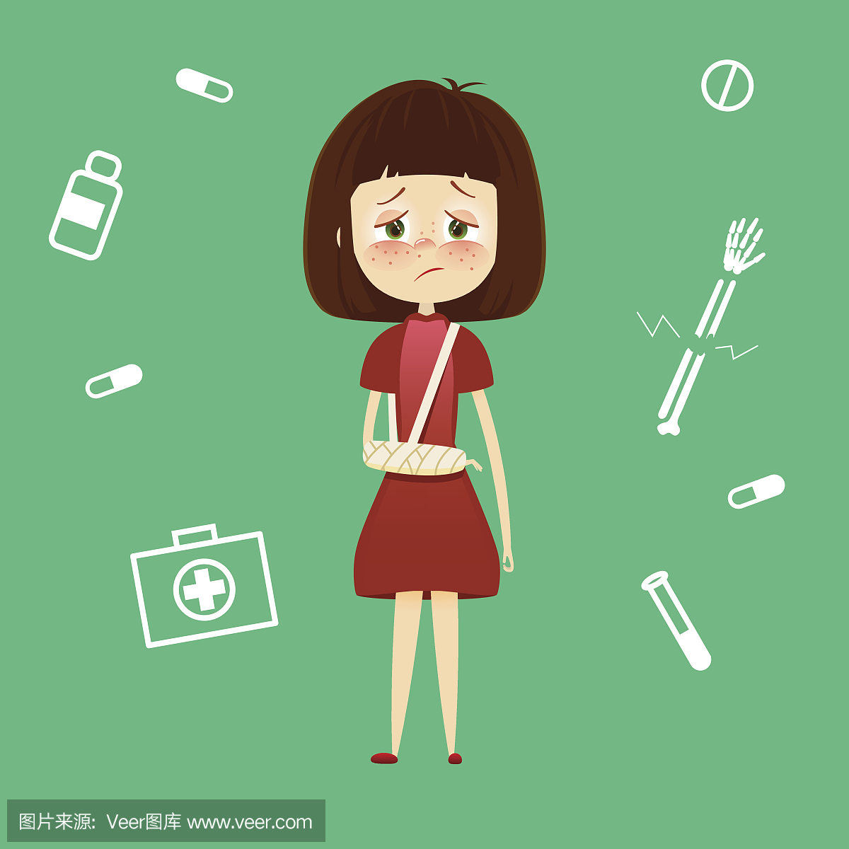 手臂破碎的女生在约会。有破碎的手骨孩子矢量第一次铸造拒绝插图图片
