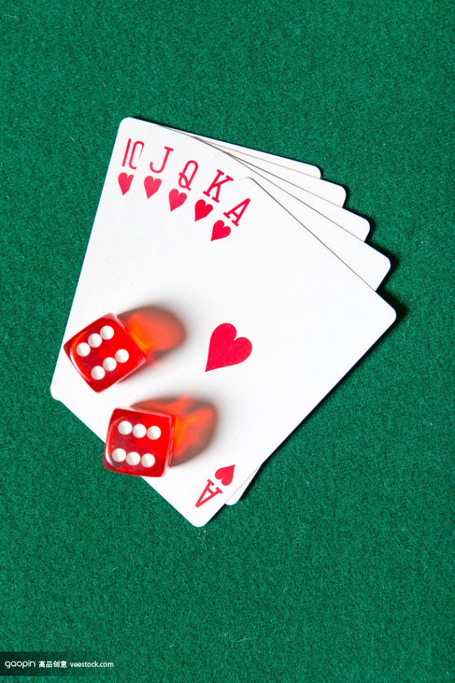 Royal Flush poker card sequence with dices Royal Flush poker card sequence with dices
