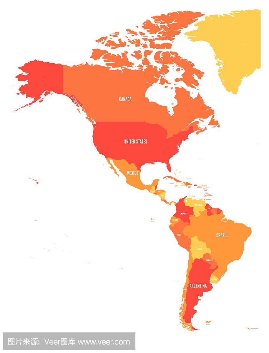 美洲的橙色政治地图。北美和南美与国家标签。