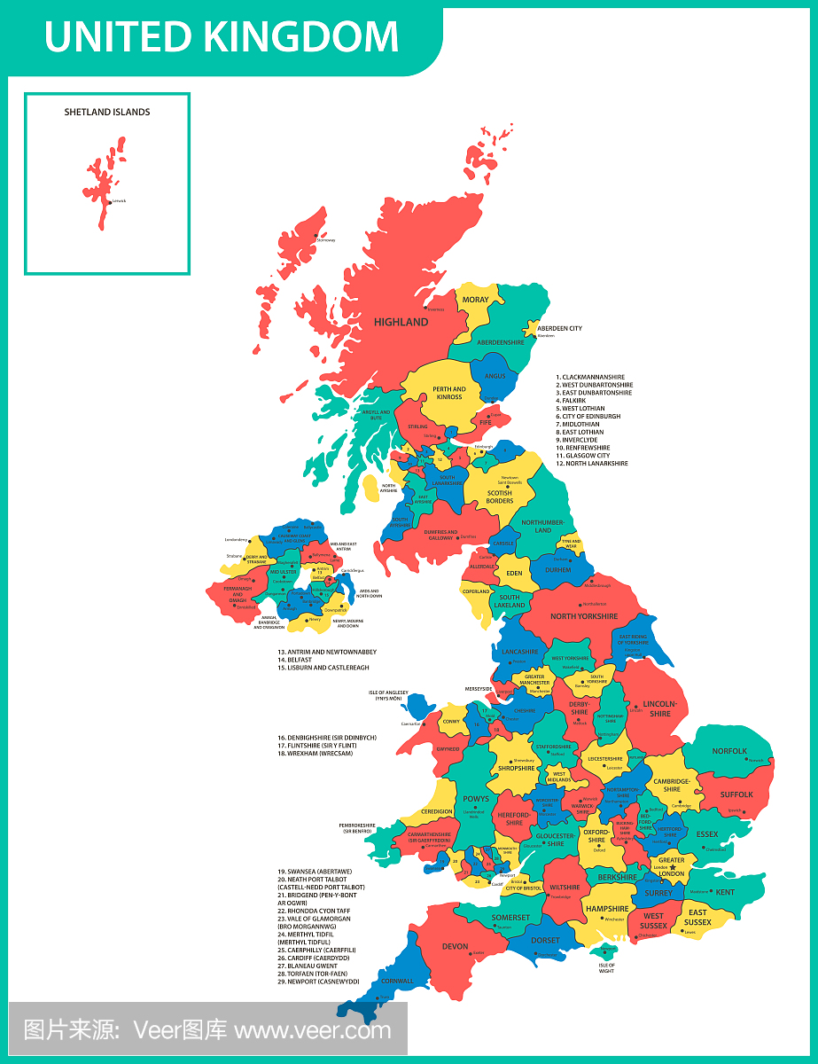 英国与地区或州和城市,首都的详细地图。实际