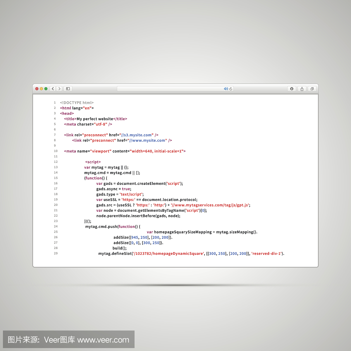 浏览器窗口与白色背景上的网页的简单html代码