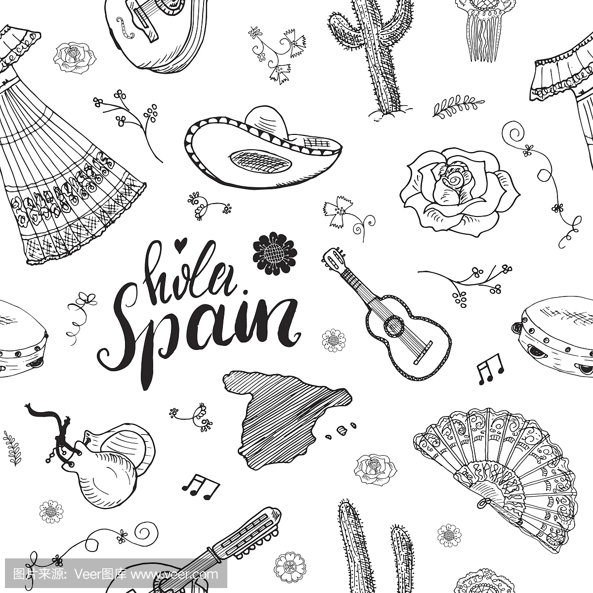 西班牙无缝图案涂鸦元素,手绘草图西班牙传统