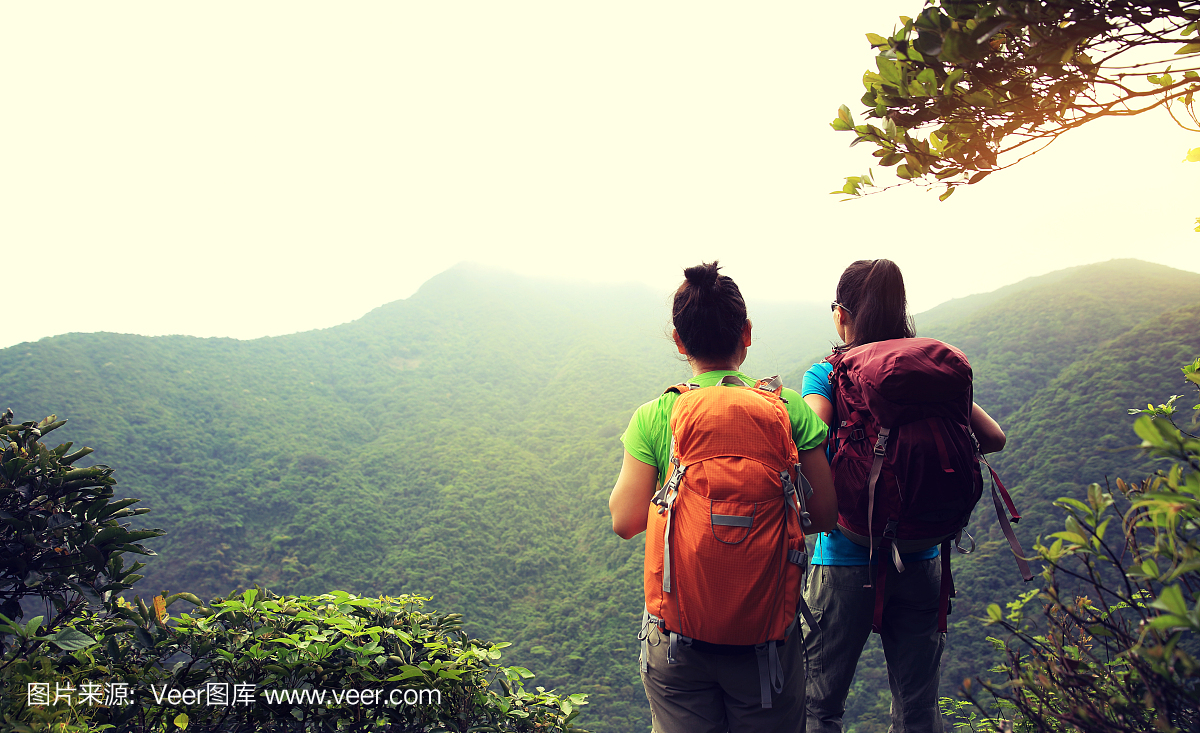 两个成功的徒步旅行者欣赏山峰的景色