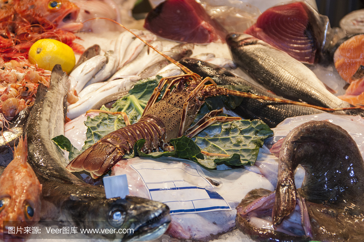 新鲜海鲜La Boqueria市场在巴塞罗那