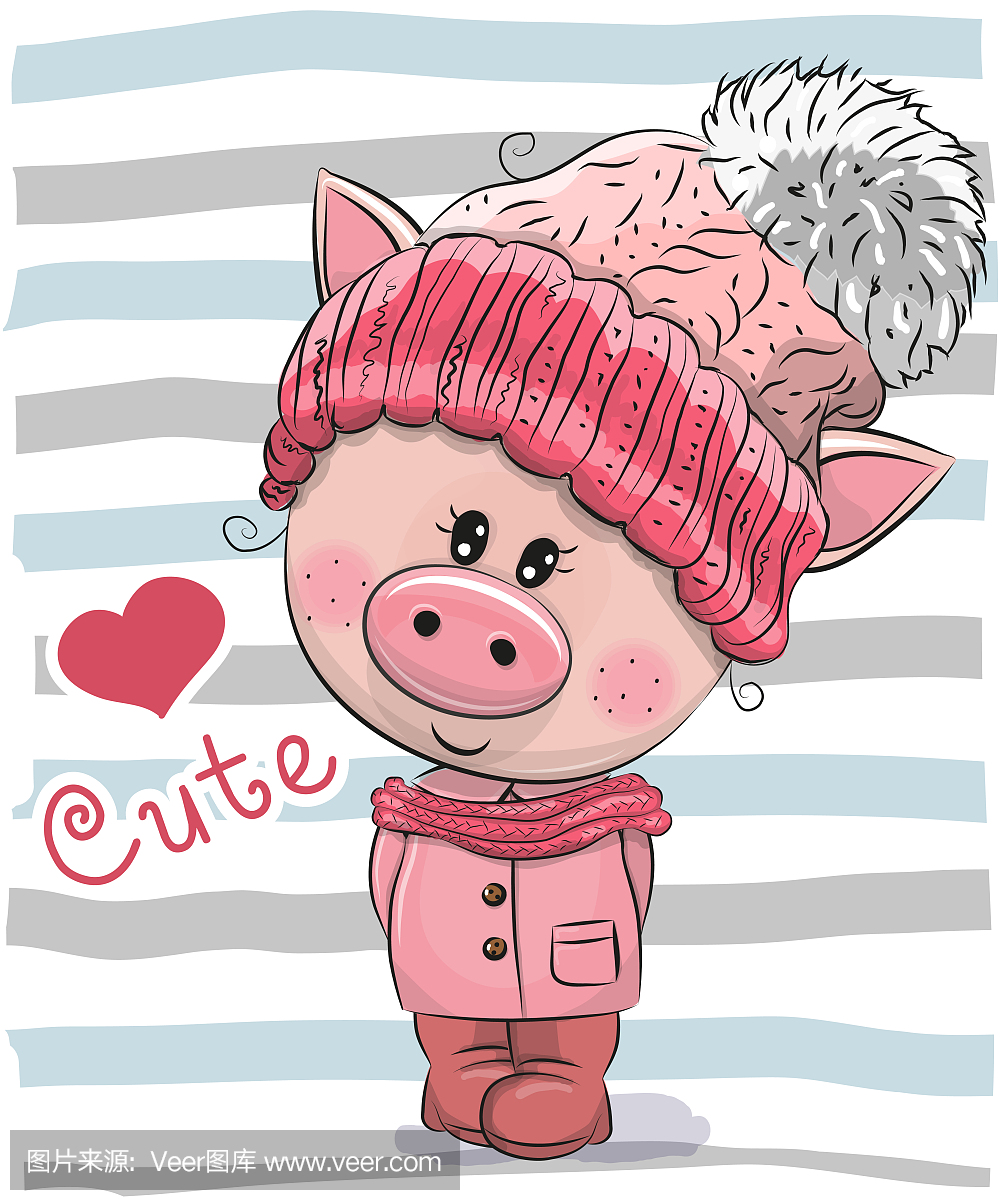 可爱的卡通猪女孩在一顶帽子和外套
