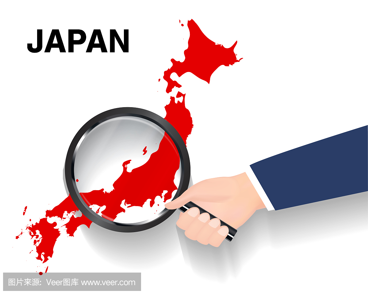 手用放大镜在日本地图上搜索