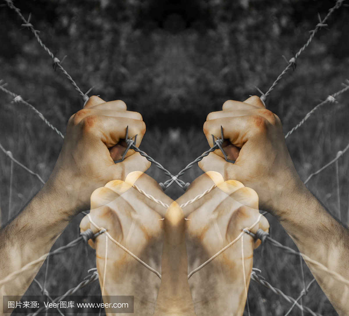 许多彩色的折磨手抓住黑色和白色背景上绝望的