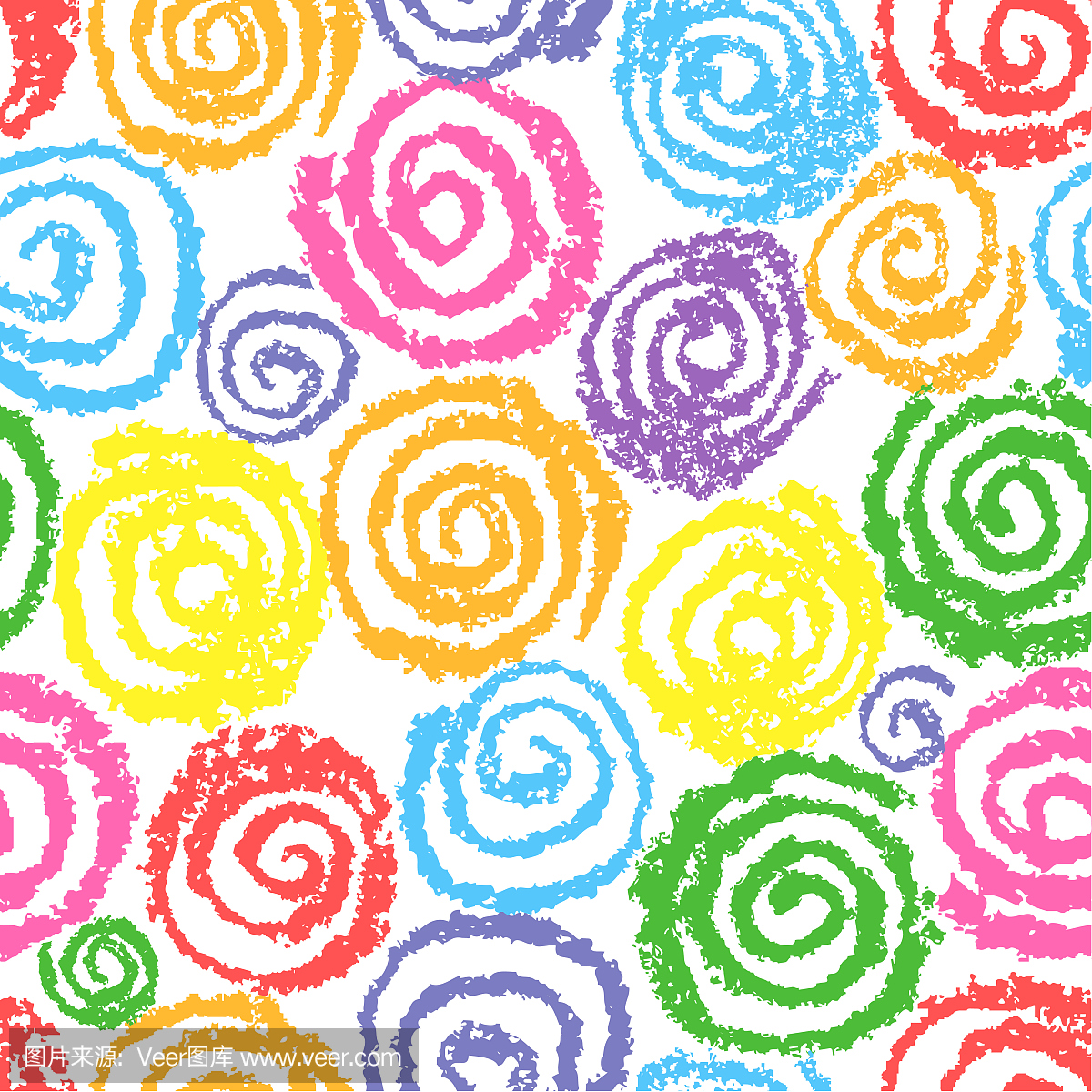 蜡笔彩色手绘螺旋螺旋圈模式。就像孩子们画多