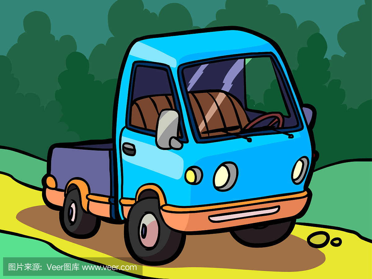 一辆小型卡车在彩色背景上的卡通形象
