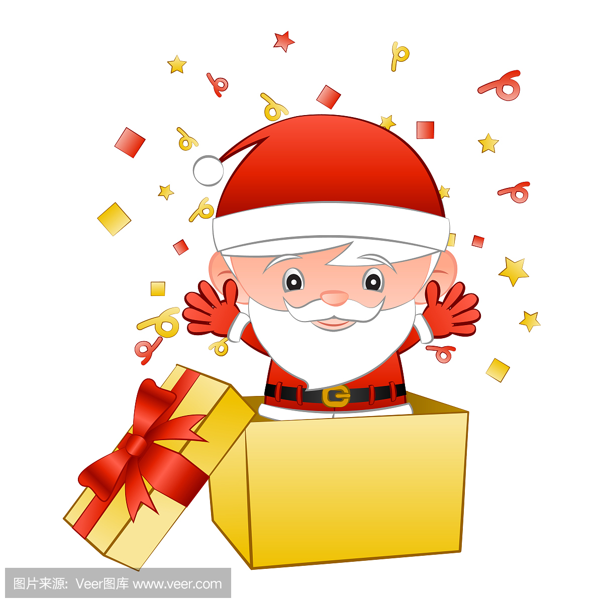 大头动画片圣诞老人站立在惊奇的开放黄色礼物