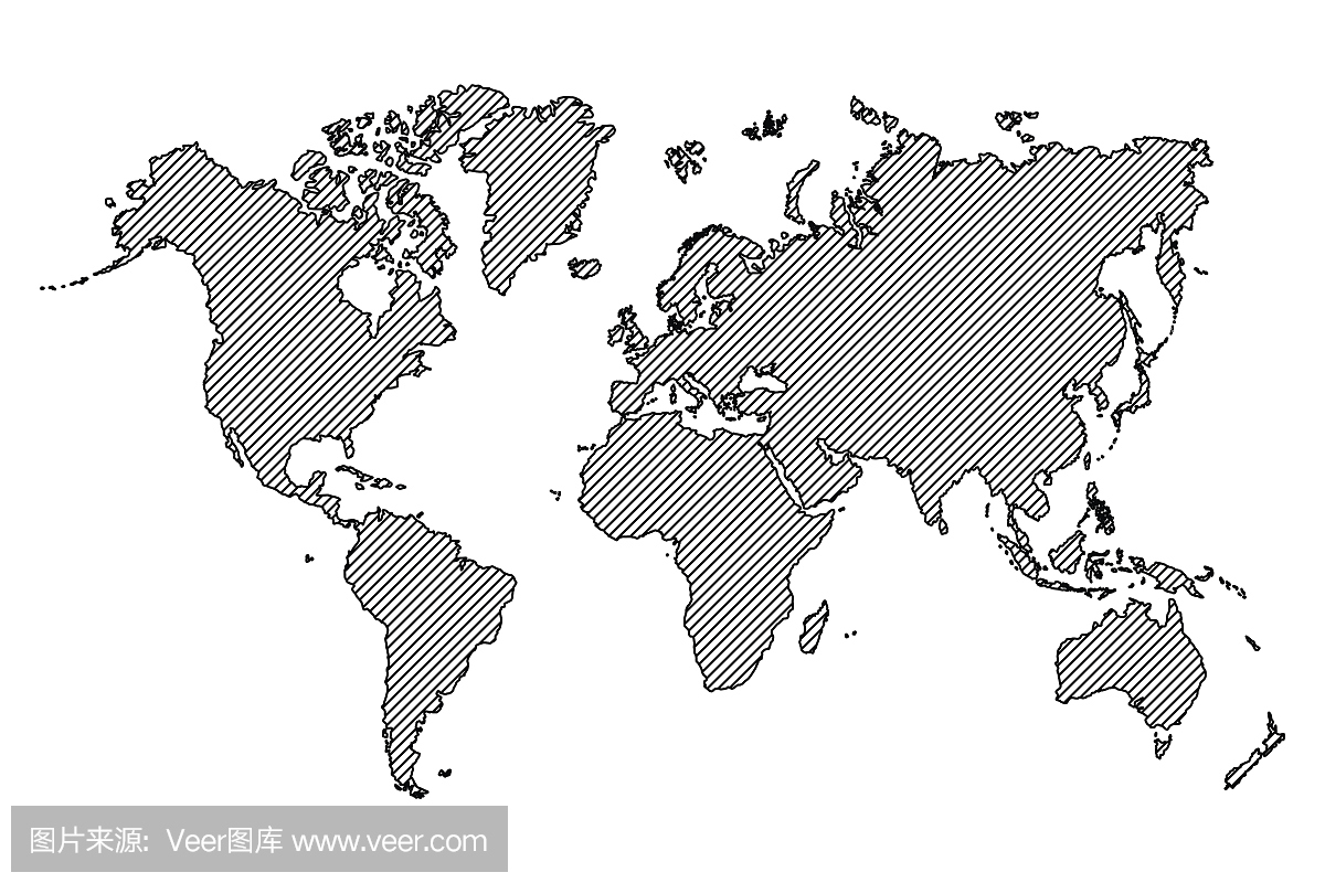 世界地图 。轮廓和斜线。