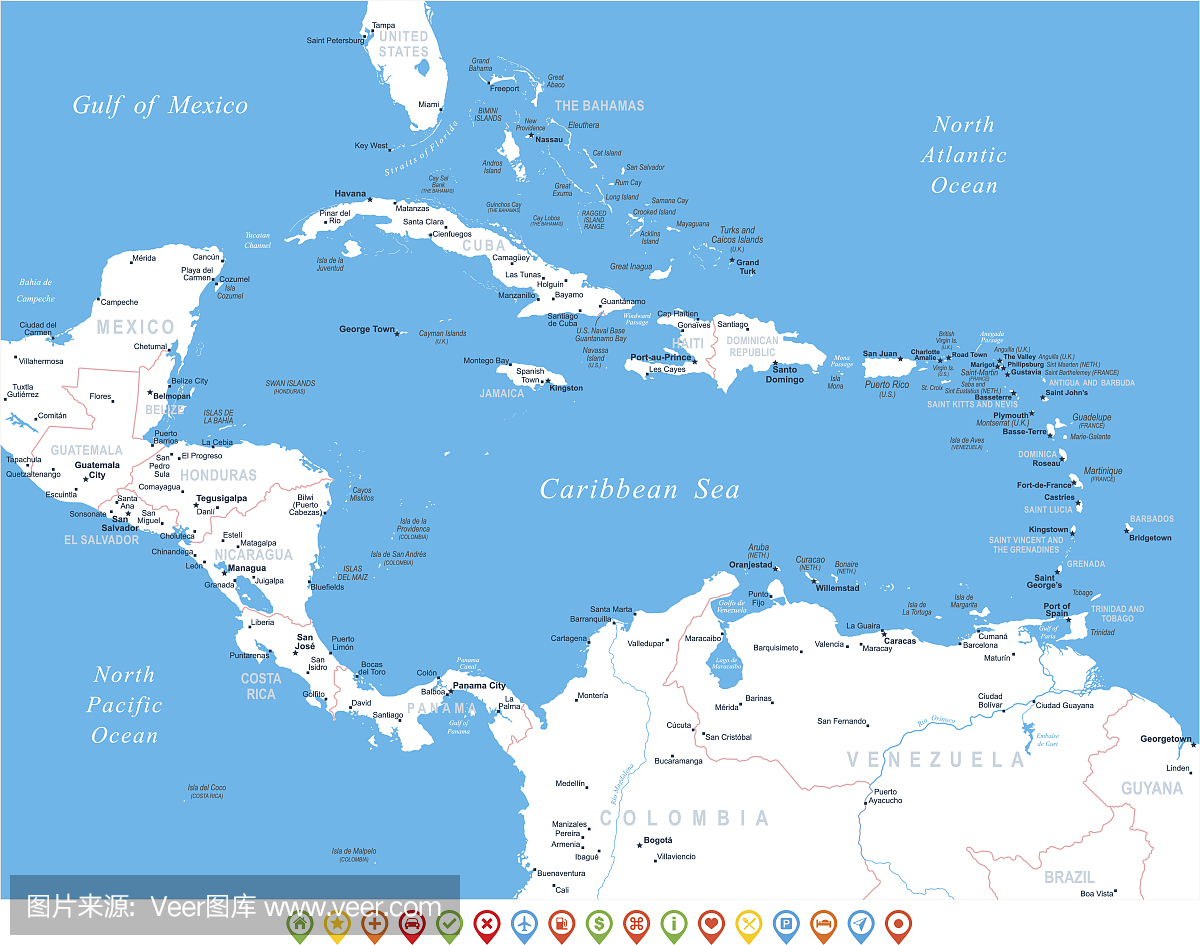 中美洲 - 地图,导航图标 - 插图
