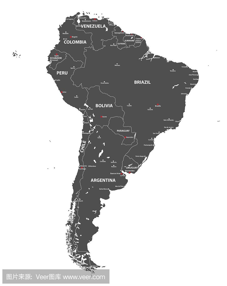 矢量高南美洲的详细的地图。所有层可拆卸和标