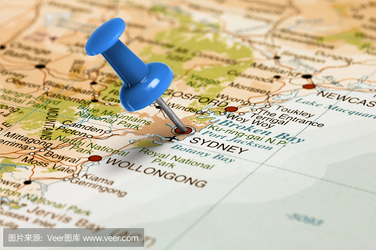 位置悉尼蓝色的针在地图上。