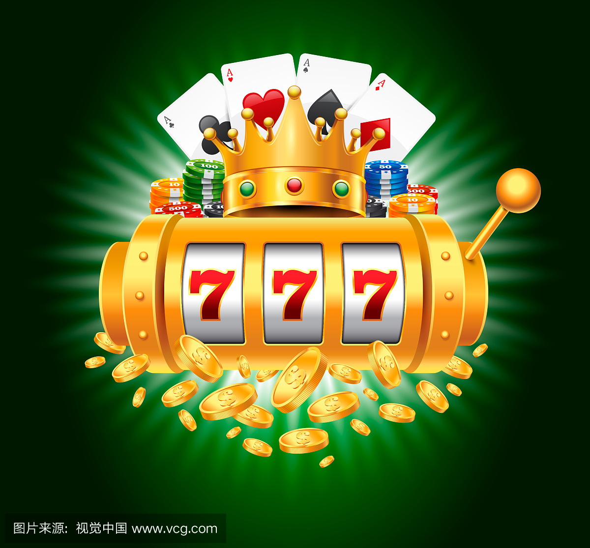 赌博筹码和梯度绿色背景与777和金币的老虎机