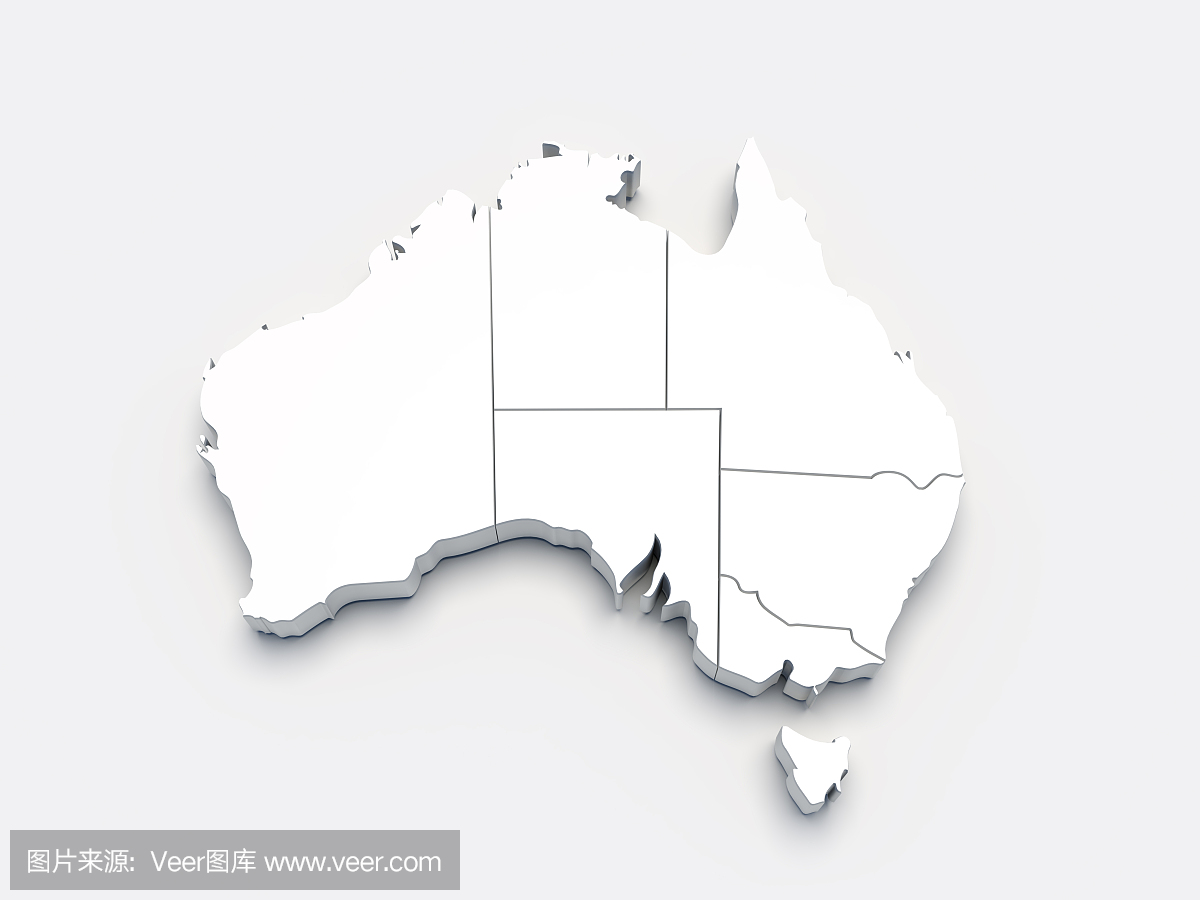 澳大利亚3D白色地图上的灰色