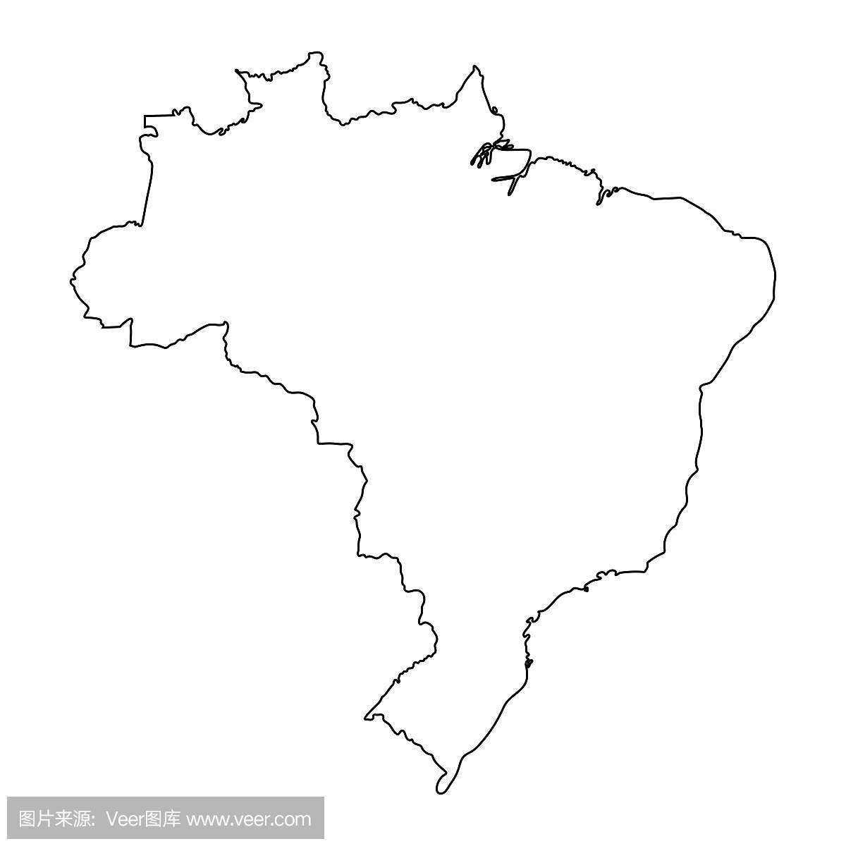 巴西地图轮廓图形徒手画在白色背景上。矢量图