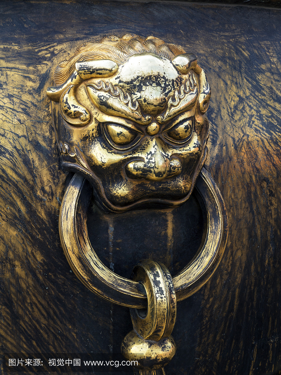 中国,北京,紫禁城,古宫或皇宫,黄铜装饰形状的狮