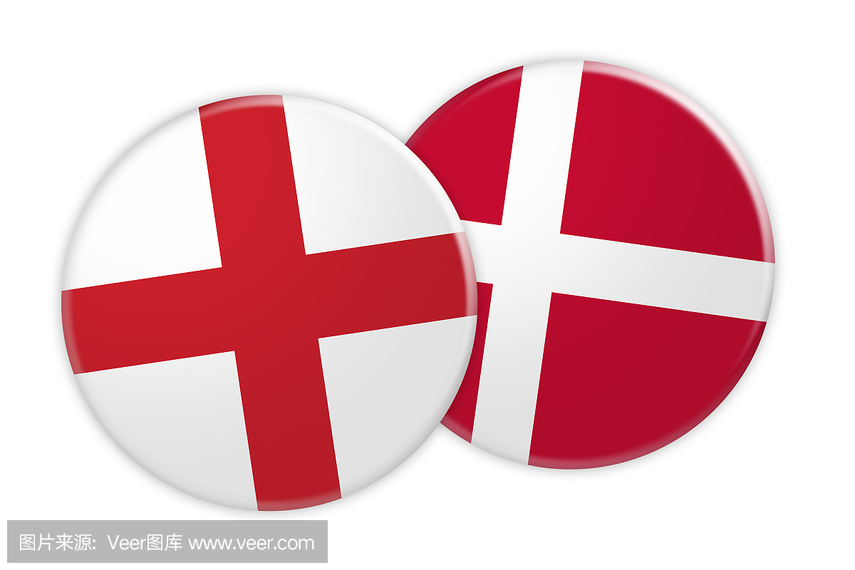 新闻概念:英国国旗按钮在丹麦国旗按钮,在白色