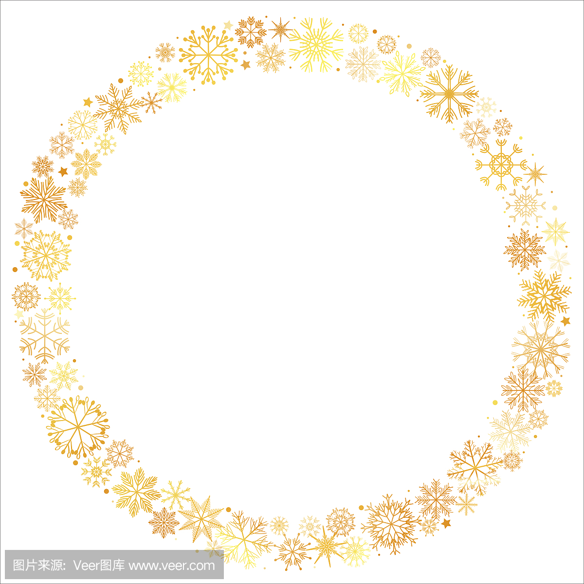 矢量图的手绘圣诞金色闪光雪花星星花圈圆形状