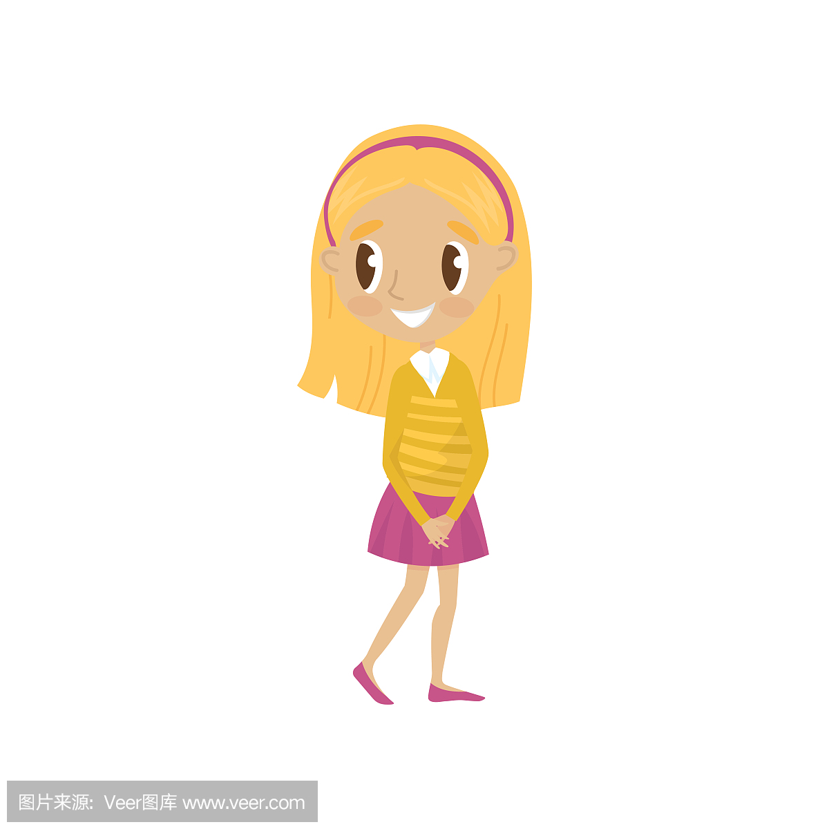 可爱的金发卡通女孩字符在黄色外套和粉红色的