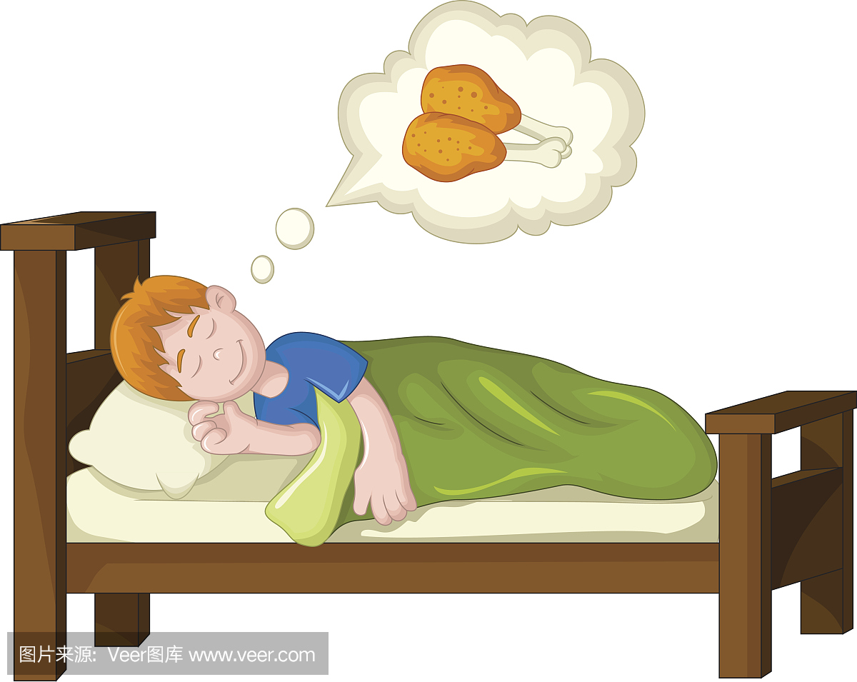男孩卡通睡觉和梦想炸鸡