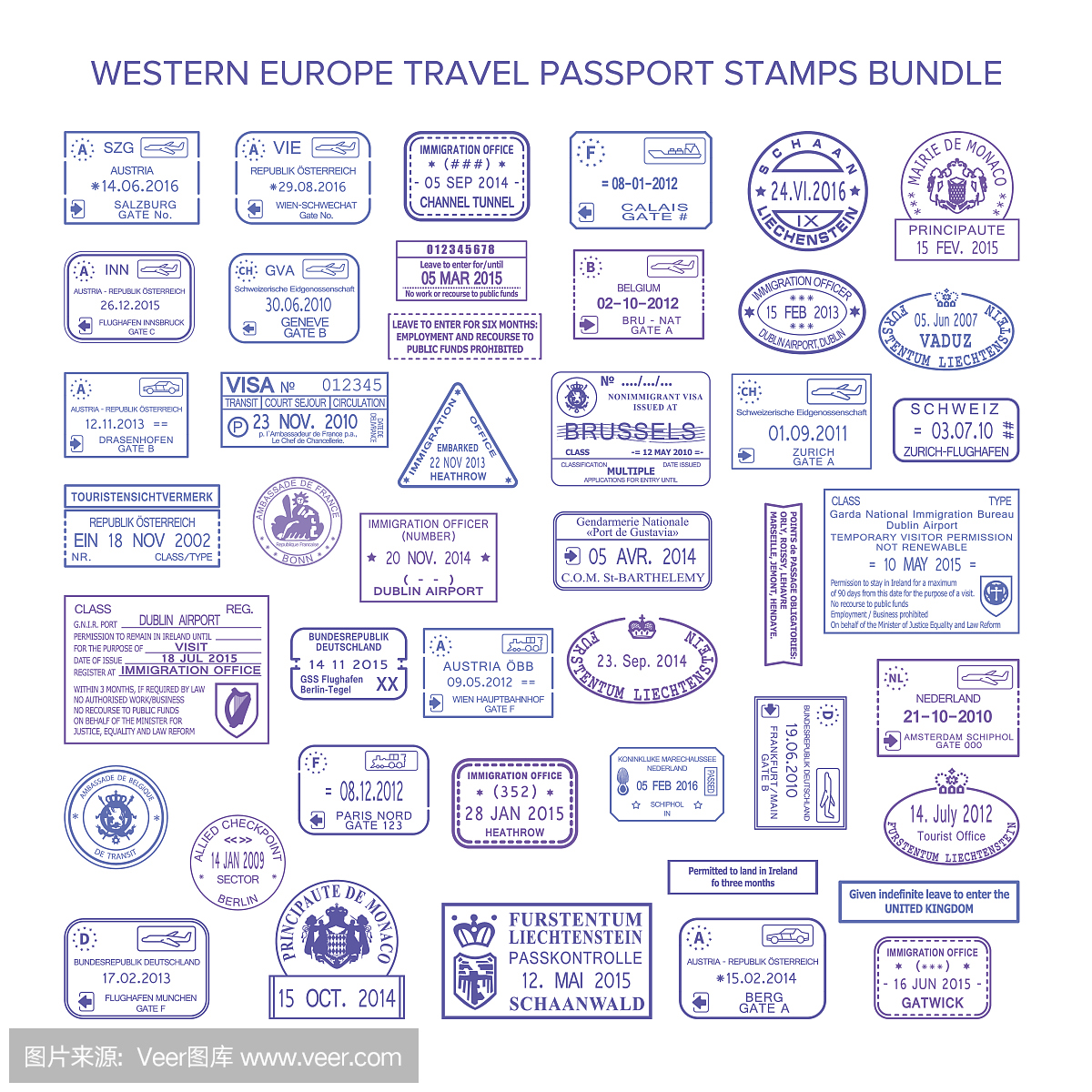 矢量西欧公共旅游签证邮票集