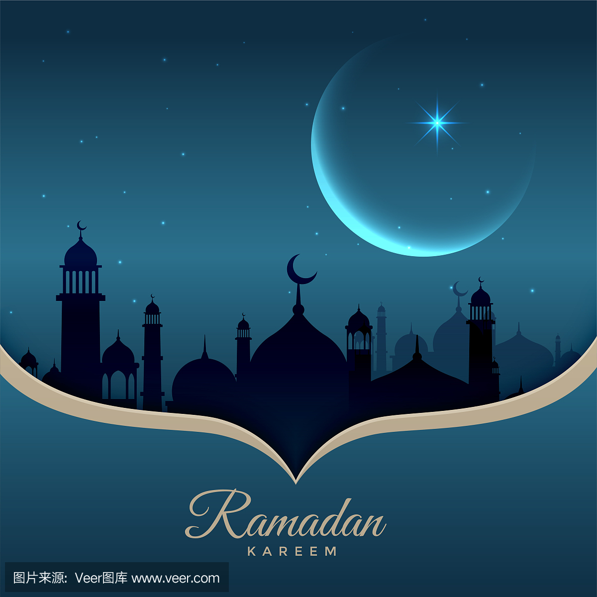 美丽的夜景与清真寺,月亮和星星为斋月贾巴尔