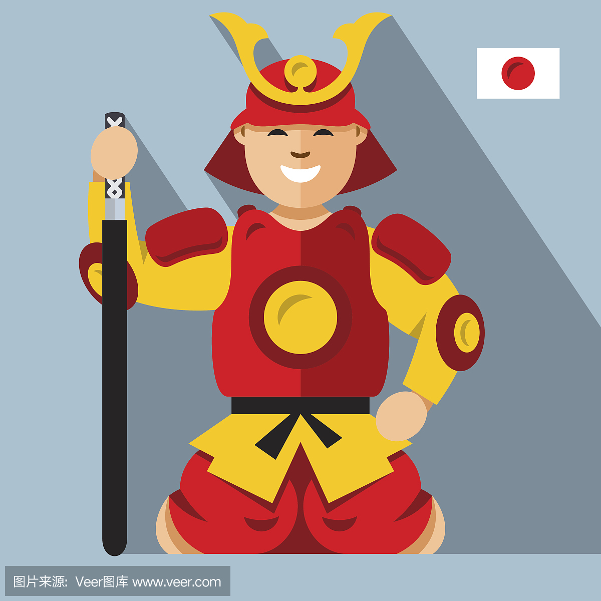 矢量武士日本。平的风格多彩的卡通插图。