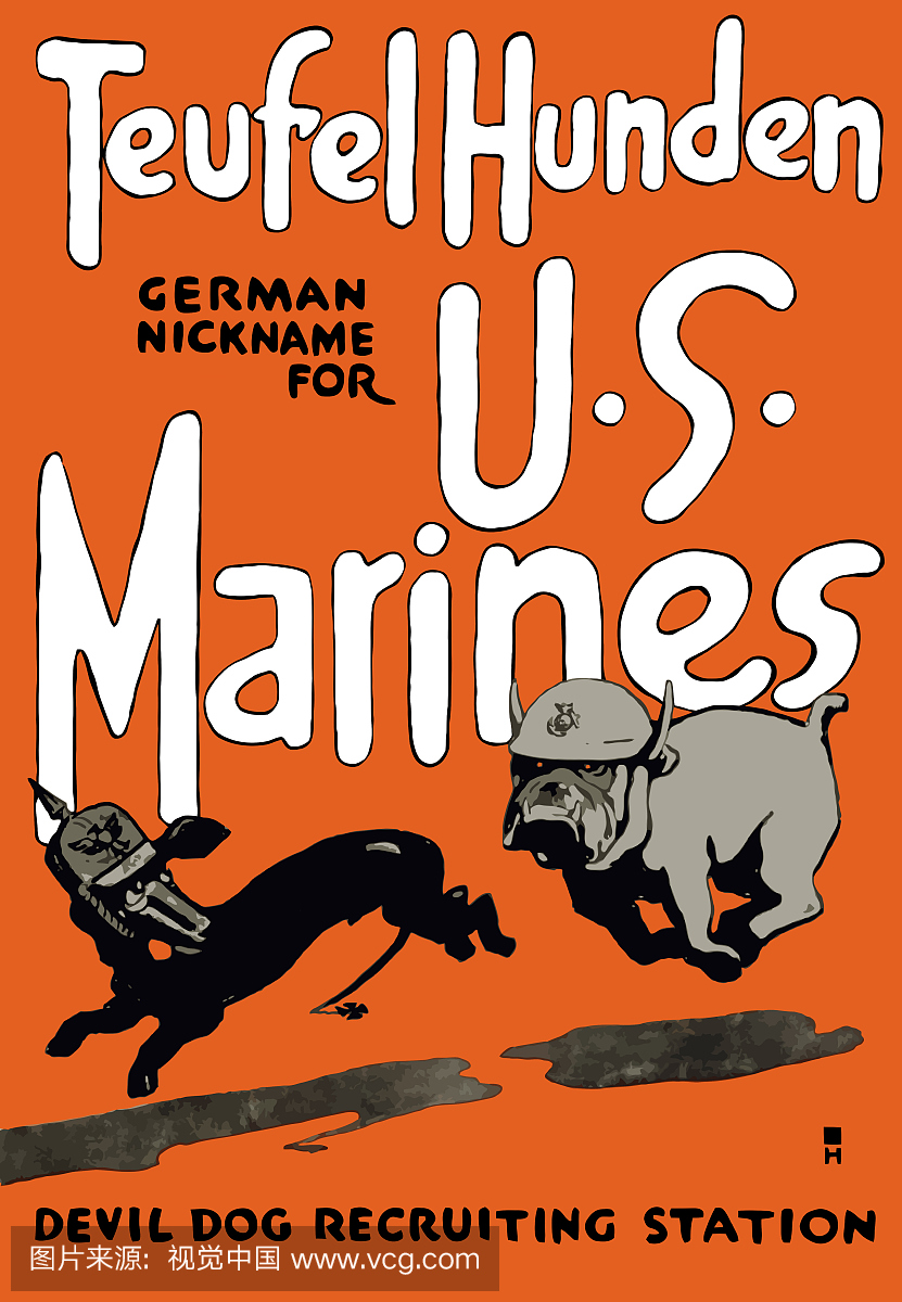 复古世界大战海军陆战队牛头犬追逐德国腊肠狗