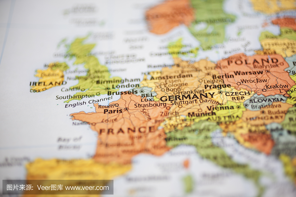国家:西欧国家地图。专注于巴黎,法国。